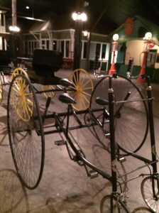 A courting bicycle. The chaperon would sit on the third seat behind the courting couple, who did all the work/pedaling.