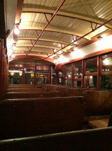The inside of the trolley car, restored to what it would have looked like in Emmett's day.