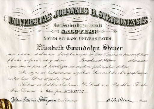 A 1936 Bachelor of Arts diploma from Stetson University -- in LATIN! Typical college diploma? Source: http://digital.archives.stetson.edu/cdm/ref/collection/Memorabilia/id/254