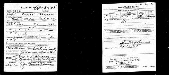 John Vernon Hinson, WWI draft cards. Source: Ancestry.com