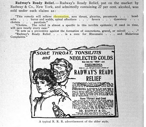 In this example, Radway's was 27 percent alcohol. Source: Nostrums & Quackery, JAMA, Google Ebook, 1921.
