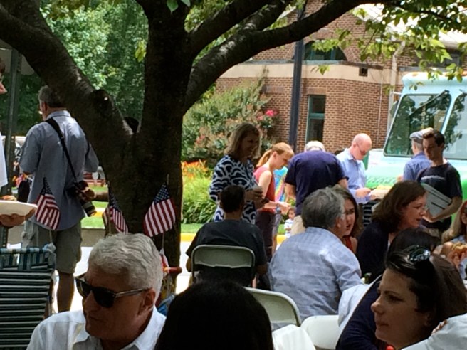 There were politicians shaking hands. The blonde woman in the blue and white in the center is Kathleen Matthews, a former reporter for the ABC affiliate here in DC running to unseat longtime congressman Chris Van Hollen.