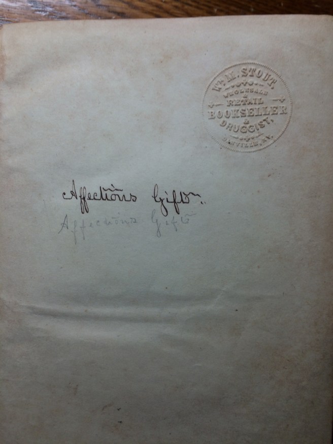 Notice the drugstore stamp at the upper right, where (presumably) it was purchased. I like also how someone practiced writing the name of the book on this page. 