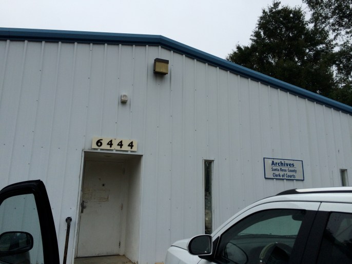 Santa Rosa County Court Archives. A nondescript building with a lot of valuable information within. Also, wonderful archivists ready and happy to assist researchers.