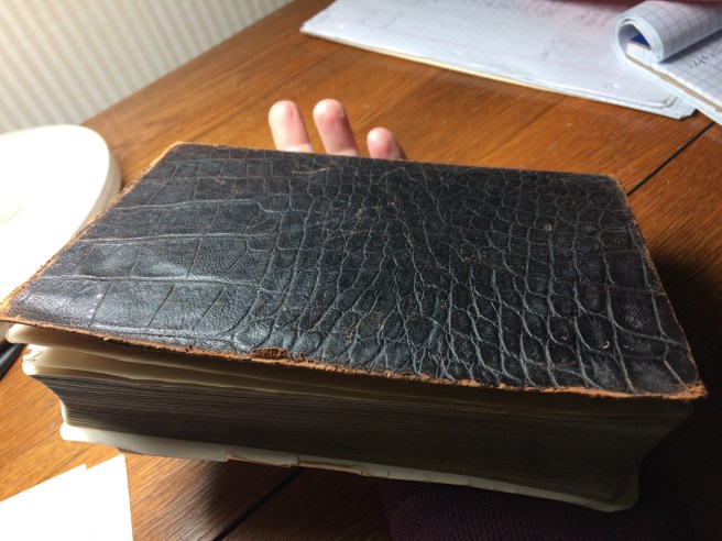 The back of the book. The gilding has worn off the edges of the pages.