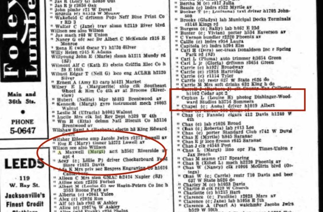 There's Max in the oval, but you know what's really interesting? That's Cephas Love Wilson's oldest son, Ceph Jr., in the red box! He's also living in Jacksonville, at the same time as his first cousin Max Jr.! I wonder if they hung out together? I really wasn't looking for Ceph Jr. yet ...Now that was a surprise! Source: Ancestry.com