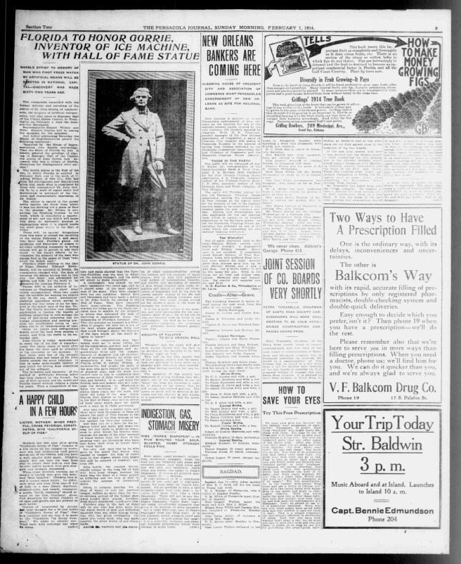 The story of John Gorrie. The dedication speech was given by Emmett Wilson. Source: The Pensacola Journal.