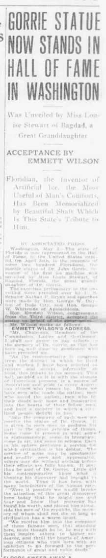 Emmett accepts the statue for the state of Florida. Source: The Pensacola Journal; Chronicling America.gov