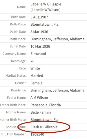 Labelle was not quite 30 years old when she died, according to the Alabama Death Index. Also, the Elmwood Cemetery in Birmingham has only 50 percent of the burials photographed in Find-a-grave; alas, Labelle's has not yet been recorded. Source: Ancestry.com