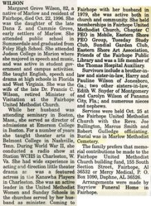 The obituary of Margaret Grove Wilson, from Ancestry.com