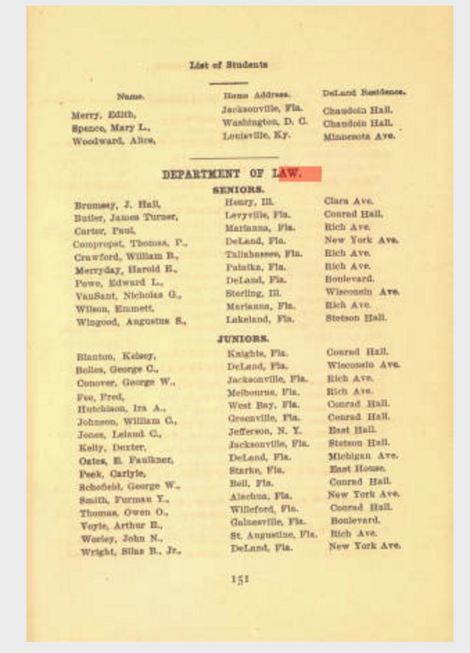 The 1904 graduating class with 10 students. Emmett's best friend, Paul Carter, is in here as well. Source: Stetson University Archives