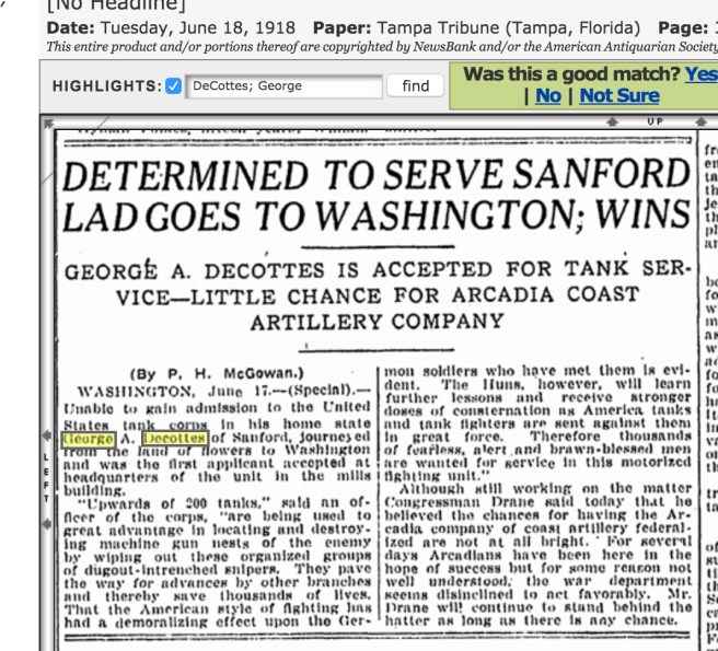 When the local military board said he couldn't join up, DeCottes goes to Washington D.C. and joins anyway. In your face, Sanford recruitment chumps. Source: Genealogybank.Com