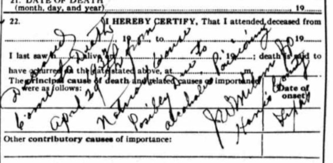 Cause of death: "Natural causes possibly due to alcoholic poisoning." Source: Ancestry.com