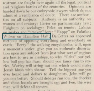 The "Earls of East Hall": Anthony, Carter, Fulgham, Pelot, Calmes, "Happy" Merryday, Wilson, DeCottes, "Berry" Sturgeon, Worley, and Fee. Emmett is noted as the authority on "Hamilton Hall," which was a cottage women's dormitory. Source: Stetson University Archives