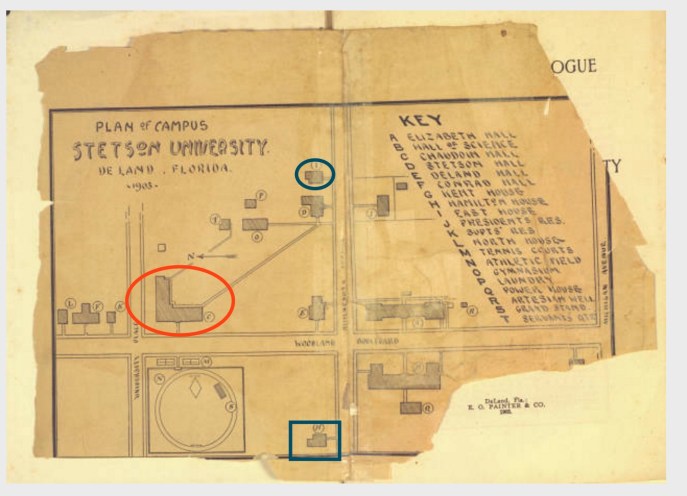 A map of Stetson University's campus in Deland, in 1903. Emmett's dorm, East Hall, is the blue oval at the top of the map. Hamilton Hall is the blue square at the bottom of the map. Chaudoin Hall is in the red oval, and is where a large dining hall was located on the campus. Chaudoin Hall was also a women's dormitory. Source: Stetson University Archives.