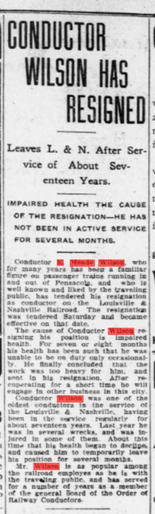 As of July 30 1907, Meade resigns from the railroad. This was probably a tough decision for him. Source: The Pensacola Journal, in ChroniclingAmerica.gov