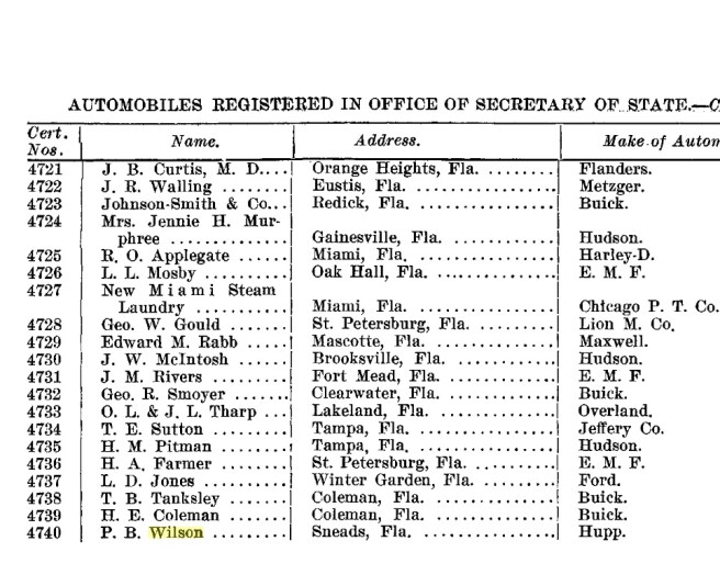1913 Florida Secretary of State's Report. Percy had a Huppmobile! I'm not sure if the certificate number was the same as a 'tag' number; but I do know you could purchase your car tag for only $1 back then! Source: Florida Secretary of State's Report for 1913.