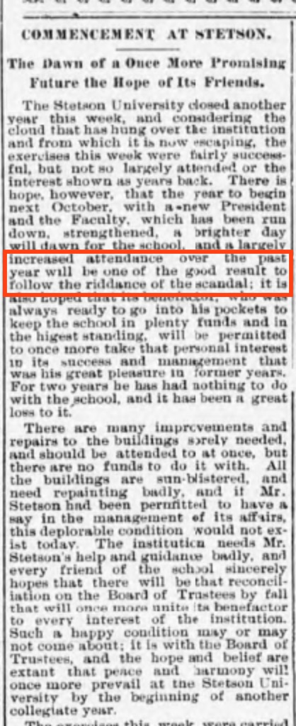The commencement coverage from The Volusia County Record, May 28, 1904 -- but the lead is about an unnamed 'scandal'. Source: The Volusia County Record, May 28, 1904