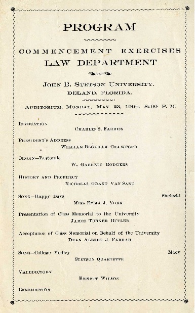 Emmett's law school commencement program. Source: Stetson University Archives