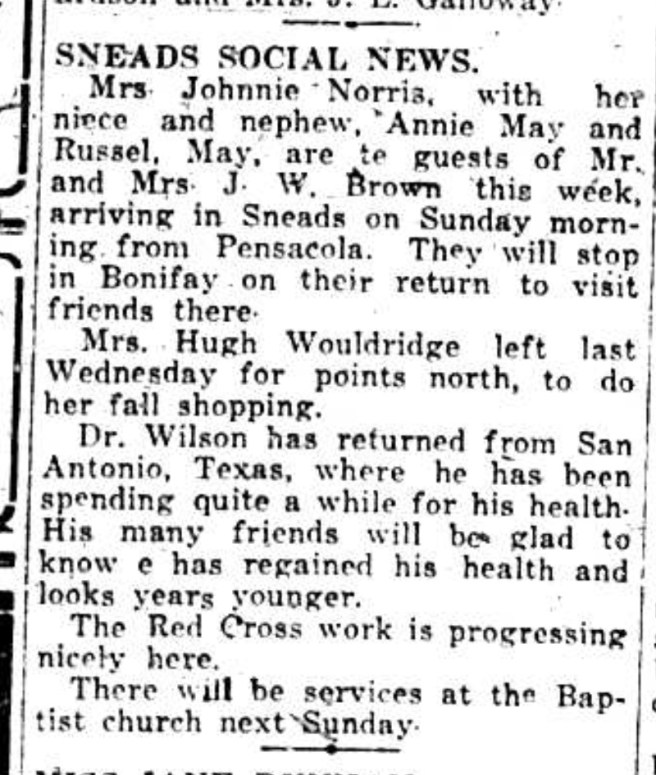 Percy had been spending time in San Antonio, in a sanitarium, for tuberculosis. Source: The Pensacola Journal, August 29, 1917.