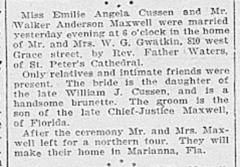 Wedding announcement from The Richmond Dispatch, January 15, 1902. There must be an error in the reporting, as Judge Augustus E. Maxwell's actual death was in 1903. Source: Virginia Herald archives.