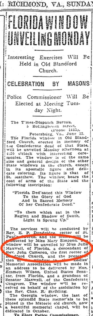 The unveiling of the Florida window at Blandsford Church. Source: The Richmond Times-Dispatch, June 23, 1912.