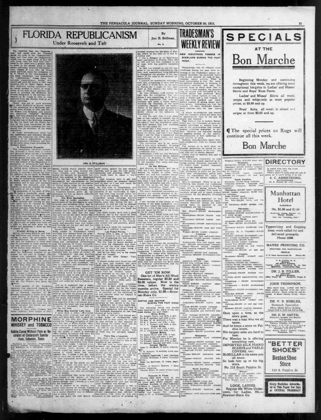 A large article featuring Joe Lee by John Stillman, local Pensacola Republican, on Joe Lee. Source: The Pensacola Journal, October 20, 1912