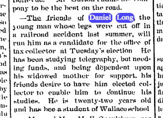 One year after his losing both of his legs, he's doing what he can to find gainful employment. Not a slacker. Source: The Sterling Gazette, March 29, 1890. 