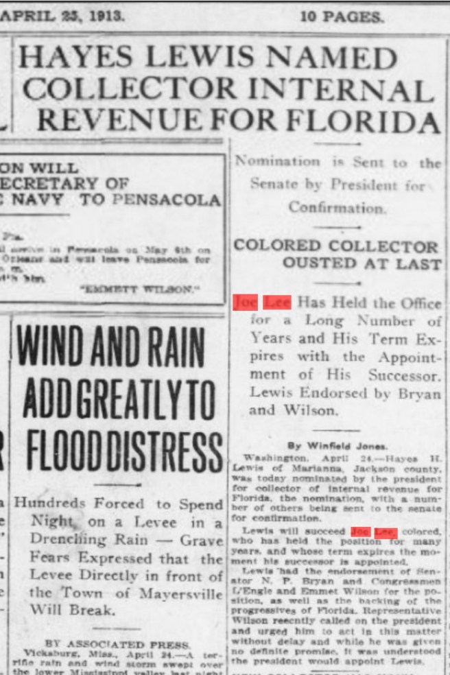 Lee out, Lewis in. Source: The Pensacola Journal, April 25, 1913, p.1