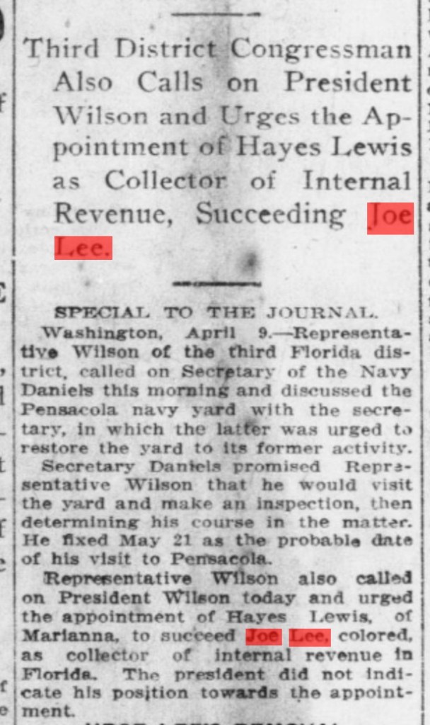 Emmett calls on President Woodrow Wilson literally within hours of being sworn in, to do the bidding of the part bosses. Source: The Pensacola Journal, April 10, 1913, page 1.