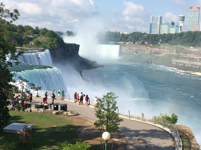 Atop the walkway access to the falls. Horseshoe Falls at the top of the photo, American Falls on the left.