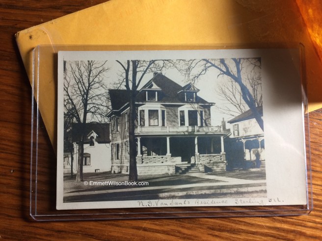 A photo postcard of Nicholas Van Sant's house in Sterling, Illinois. No date, but I estimate this to be around 1920.