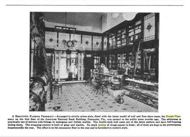 The Hargis Pharmacy, brand new, located in the brand new American National Bank Building. Note the multiple brass spittoons on the floor. Source: The Bulletin of Pharmacy, Volume 24, published by E.G. Swift, 1910, page 131.