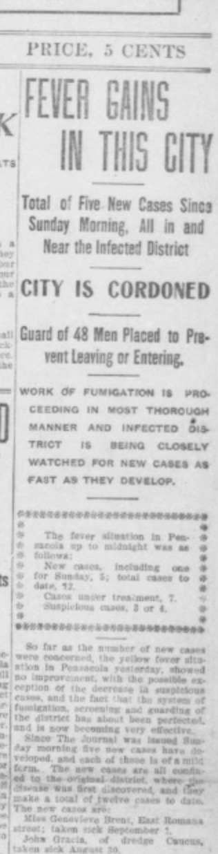 In previous years, he'd likely have gone to Pensacola to stay with the Kehoes or his uncle Evelyn Maxwell's family, but this year there was a serious yellow fever outbreak. Source: The Pensacola Journal, page 1, Sept 5, 1905.
